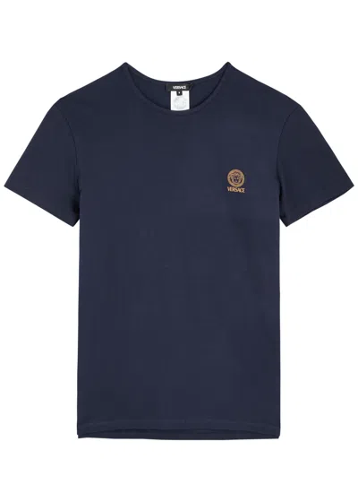 Versace Logo-print Stretch-cotton T-shirt In Blue