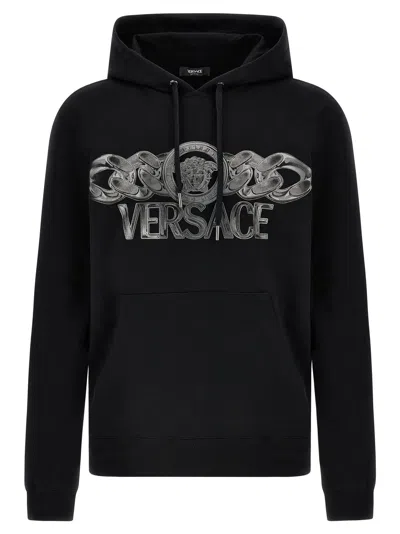 Versace Intricate Logo Print Sweatshirt With Kangaroo Pocket In Black