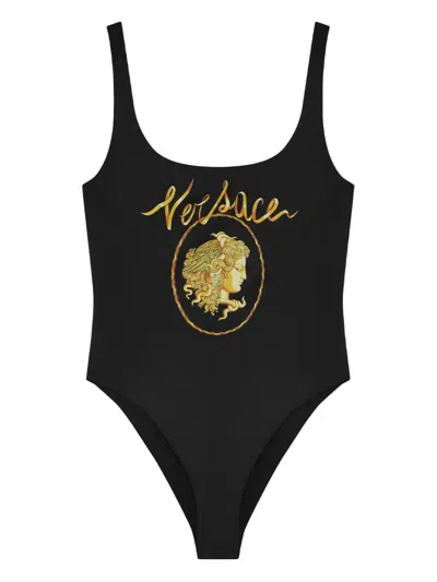 Versace Logo-print Swimsuit In Noir+imprimer