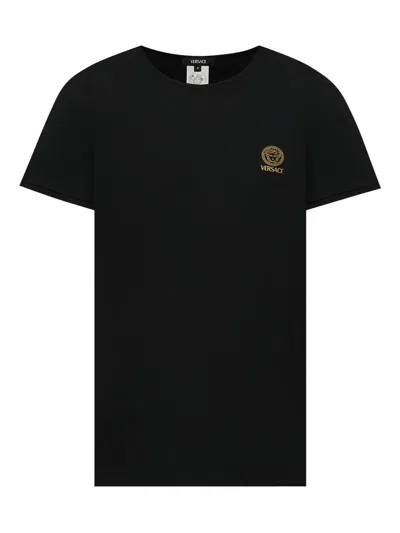 Versace Black Crewneck T-shirt With Medusa Logo Print In Stretch Cotton Man