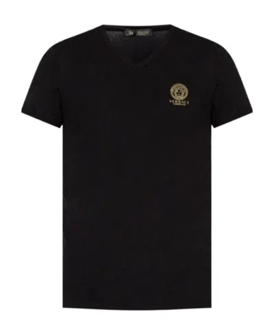 Versace White Crewneck T-shirt With Medusa Print On The Front In Black