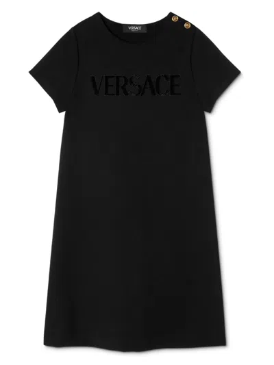 Versace Kids' Logo-print T-shirt Dress In 黑色