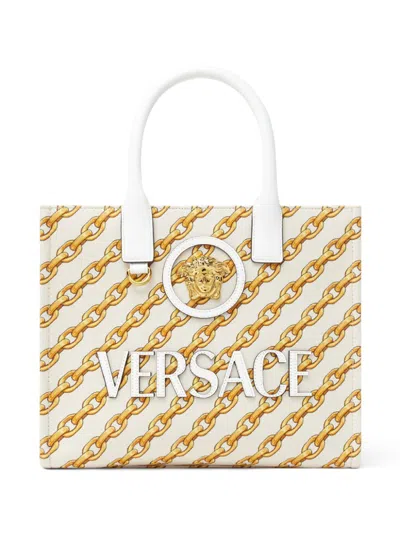 VERSACE SMALL CHAIN STRIPES LA MEDUSA TOTE BAG