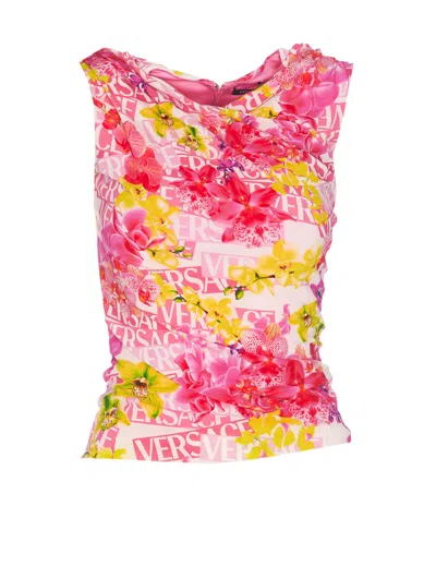 Versace Draped Printed Stretch-jersey Top In Pink