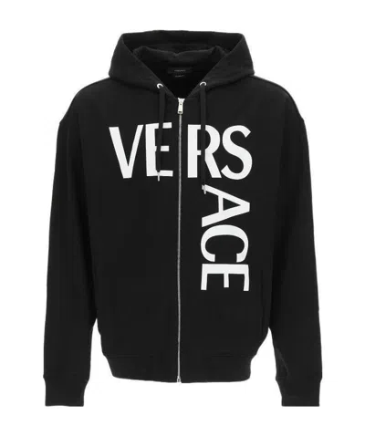Versace Logo-print Zip-up Hoodie In Black