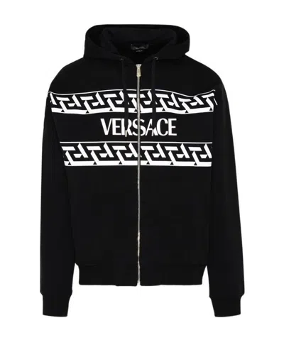 Versace Logo-print Zipped Hoodie In Black