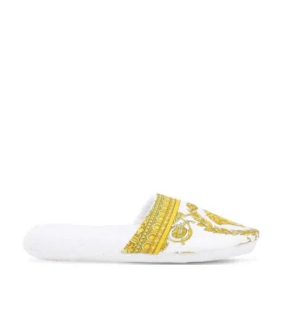Versace Logo Printed Cotton Slippers In White