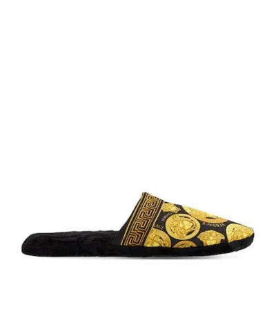 Versace Logo Printed Cotton Slippers In Multi