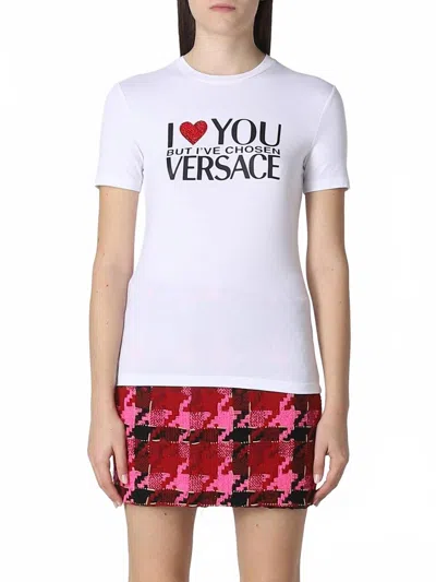 VERSACE LOGO PRINTED CREWNECK T-SHIRT IN WHITE