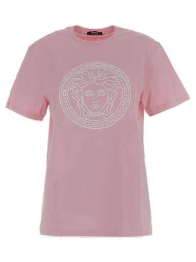 Versace Logo-printed Crewneck T-shirt In Pastel Pink+white