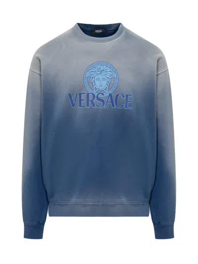 Versace Logo-printed Gradient Crewneck Sweatshirt In Clear Blue