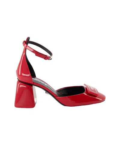 Versace Logo-printed Round-toe Pumps In Red