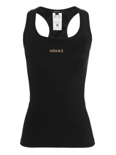 Versace Logo Printed Sleeveless Tank Top In Black