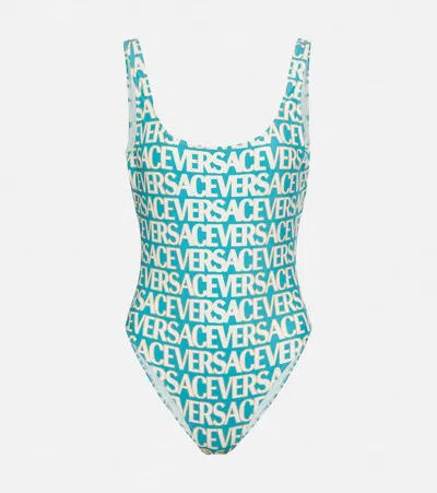 Versace Logo Printed Swimsuit In Multicoloured