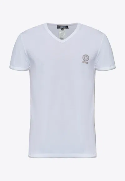 Versace Logo-printed V-neck T-shirt In White