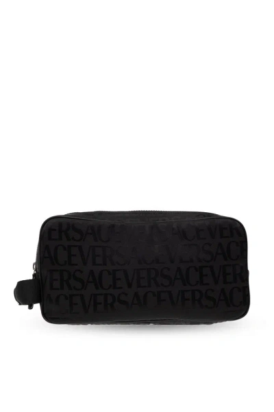 Versace Logo Printed Zipped Wash Bag In Black