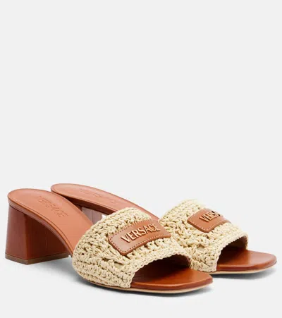 Versace Logo Raffia And Leather Mules In Neutral