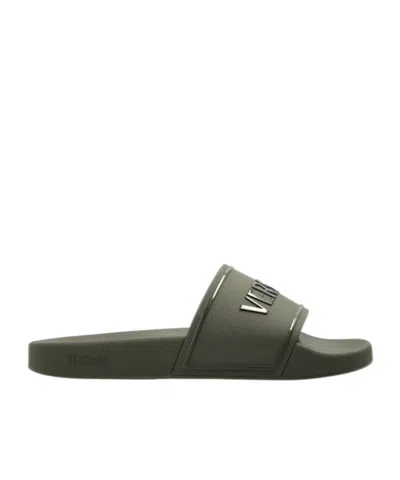 Versace Logo Raised Open-toe Slippers In Green