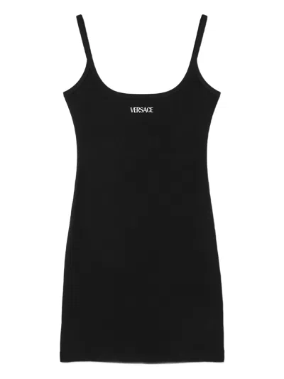 Versace Logo Ribbed Fitted Mini Dress In Black