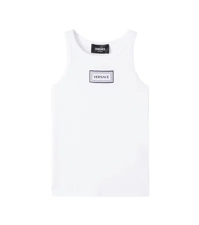 Versace Kids' Logo Ribbed-knit Cotton-blend Tank Top In White