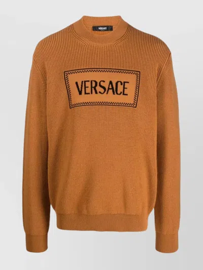 Versace Wool Knit Sweater In Brown