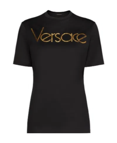 Versace Logo Round Collar Short-sleeved T-shirt In Black
