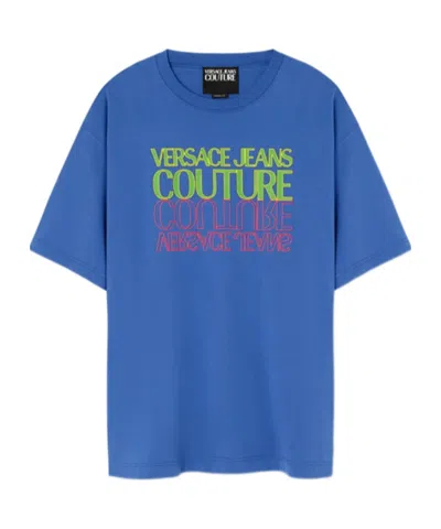 Versace Logo Round Collar T-shirt In Blue