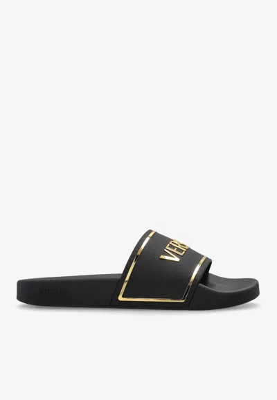 Versace Logo Rubber Slides In Black