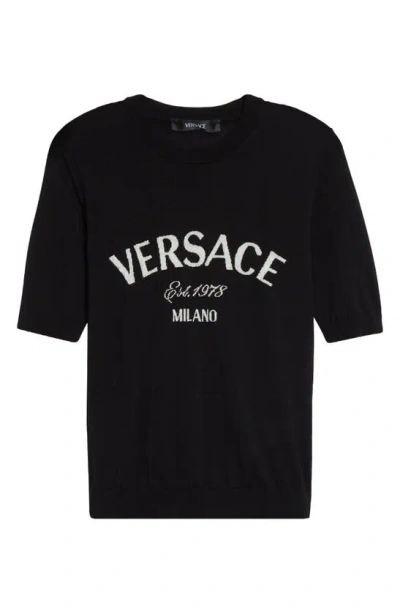 Versace Logo Short Sleeve Virgin Wool Sweater In Black