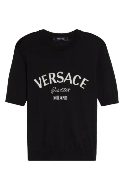 Versace Logo Short Sleeve Virgin Wool Sweater In 1b000 Black