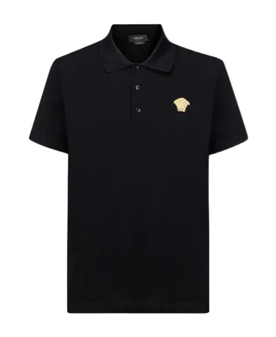 Versace Logo Short-sleeved Polo Shirt In Black
