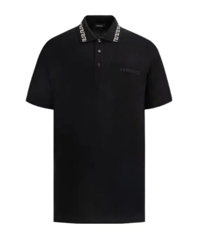 Versace Logo Short-sleeved Polo Shirt In Black