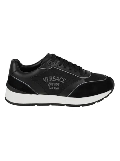 Versace Logo Sided Jacquard Sneakers In Black