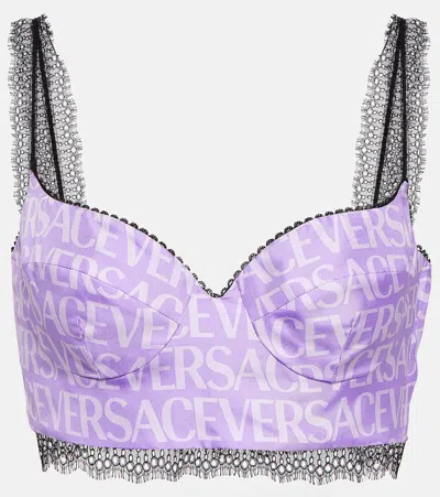 Versace Logo Silk Satin And Lace Bralette In Multicolor