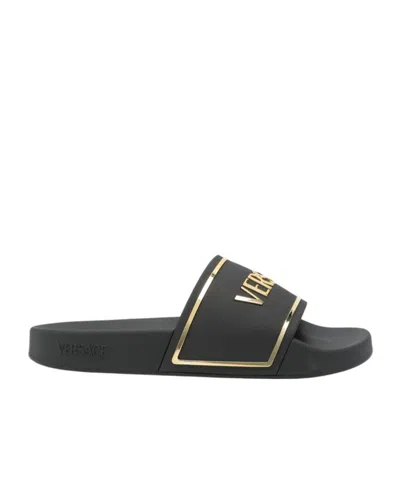 Versace Logo Slippers In Black