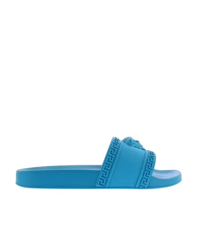Versace Logo Slippers In Blue