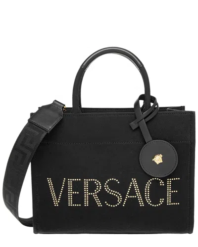 Versace Logo Small Leather Tote In Black