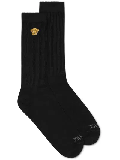 Versace Embroidered Medusa Ribbed Socks In Noir