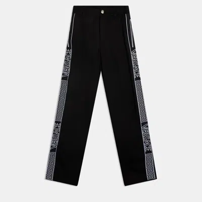 Pre-owned Versace Logo Stripe Gabardine Black Cotton Trouser