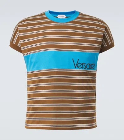 Versace Embroidered-logo Striped-intarsia Cotton T-shirt In Brown