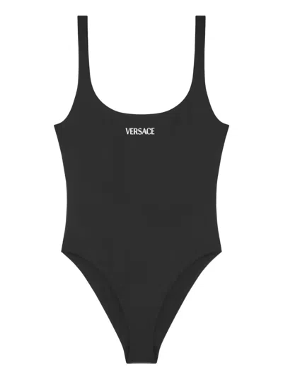 Versace Logo One Piece Swimsuit High Cut In Blue