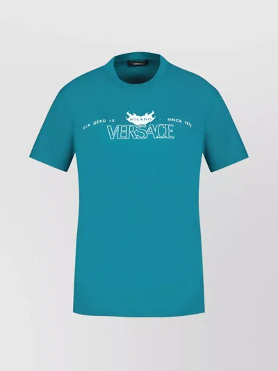 Versace Logo T Shirt Cotton Crew Neck Short Sleeves In Blue