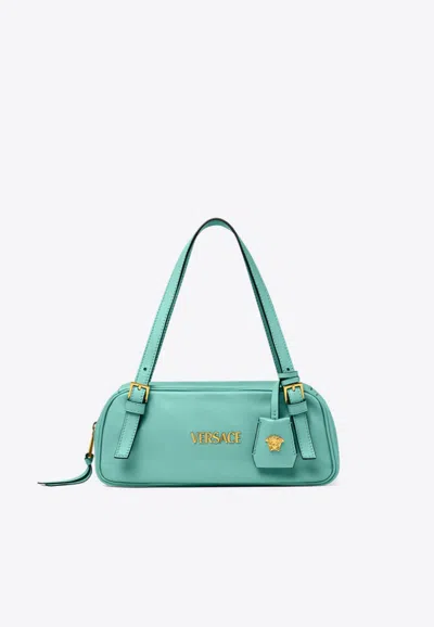 Versace Logo Tag Leather Shoulder Bag In Blue