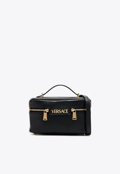 Versace Logo Tag Leather Vanity Bag In Black