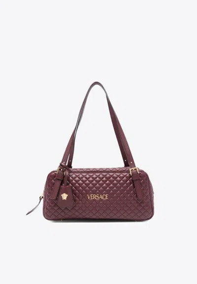 Versace Logo Tag Quilted Leather Shoulder Bag In Burgundy