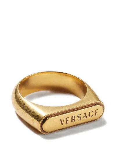 Versace Logo Tag Ring In Gold