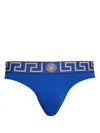 Versace First Line Logo Stretch Cotton Thong In Blue
