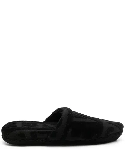 Versace Logo Towelling-finish Slippers In Black