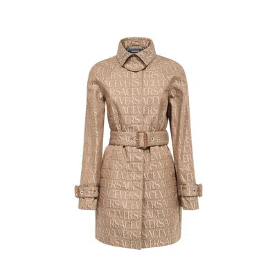 Versace Logo Trench Coat In Black