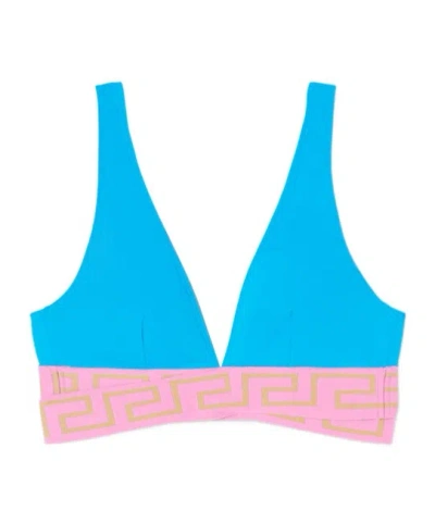 Versace Logo Triangular Bikini Top In Blue